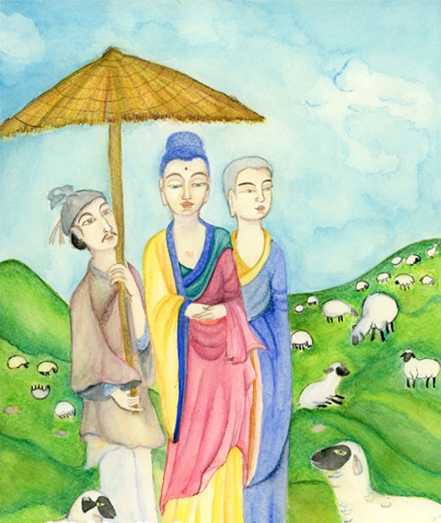 编草成伞，为佛遮阳得授记