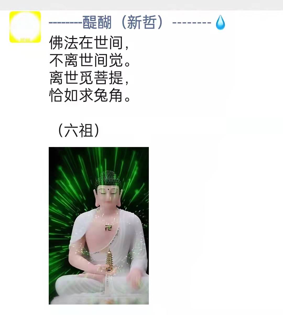 佛法在世间， 不离世间觉。 离世觅菩提， 恰如求兔角。  （六祖）