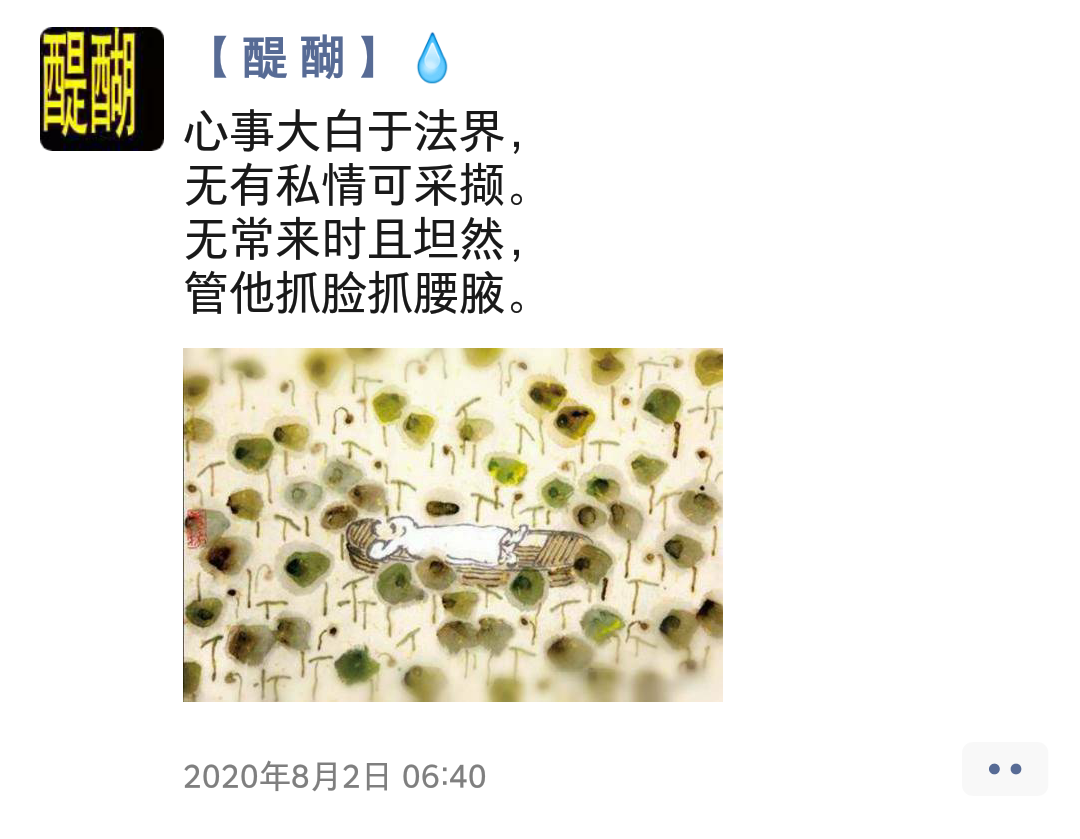 心事大白于法界， 无有私情可采撷。 无常来时且坦然， 管他抓脸抓腰腋。