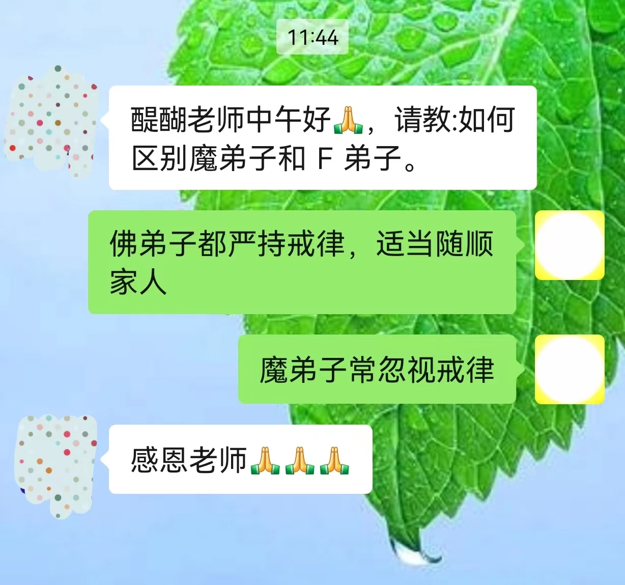 佛弟子都严持戒律，适当随顺家人。魔弟子常忽视戒律